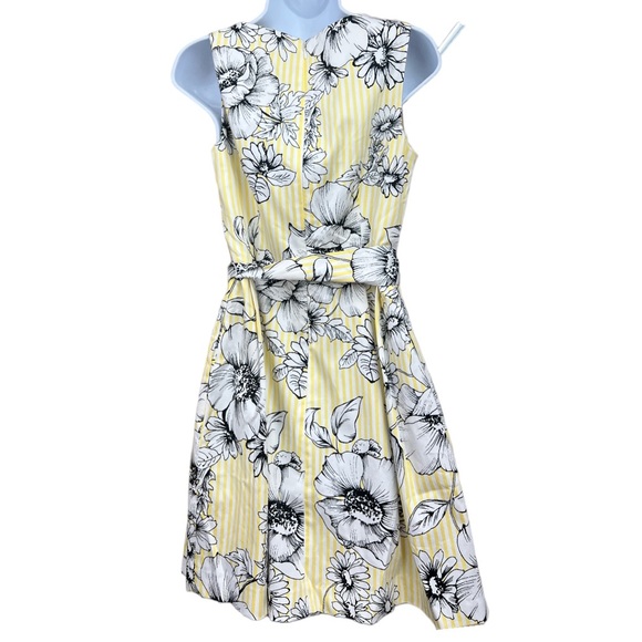 Sz4 Anne Klein Yellow Black White Floral Print Sleeveless Dress Belted - Picture 4 of 6